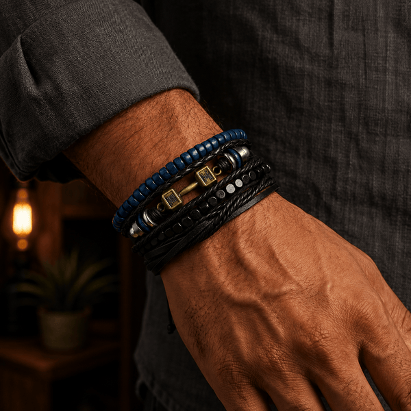 ROGUEFIT - 4 Pcs Genuine Leather Adjustable Bracelet Set for Men & Boys (8 inch)