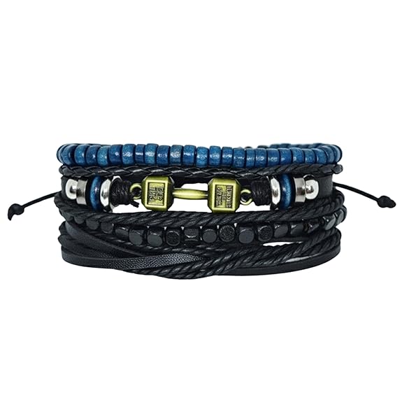 THE MEN THING Leather Bracelet ROGUEFIT Set of 4 Genuine Braided Leather Adjustable Bracelets for Men & Boys – 8 Inch