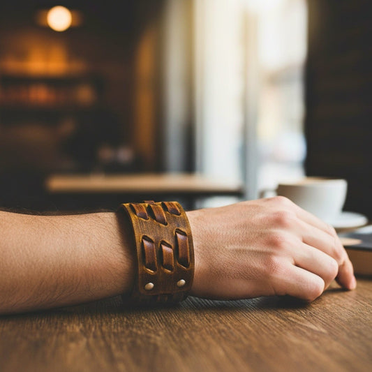 THE MEN THING Leather Bracelet ROUGH TERRAIN - 40.2mm Brown Genuine Leather Adjustable Bracelet for Men & Boys (7.8-8.6-9.2 inch)