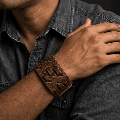 THE MEN THING Leather Bracelet ROUGH TERRAIN - 40.2mm Brown Genuine Leather Adjustable Bracelet for Men & Boys (7.8-8.6-9.2 inch)