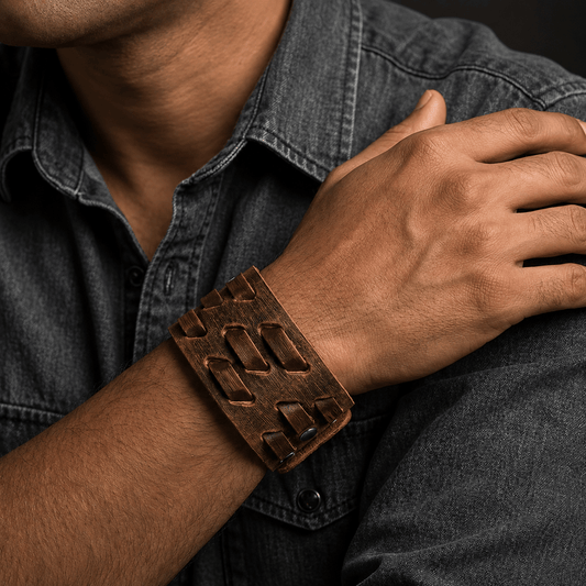 THE MEN THING Leather Bracelet ROUGH TERRAIN - 40.2mm Brown Genuine Leather Adjustable Bracelet for Men & Boys (7.8-8.6-9.2 inch)