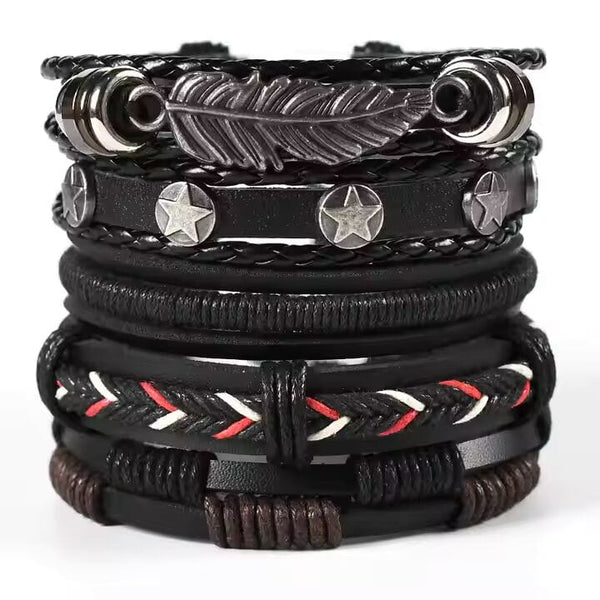 ROYAL SENTINEL -  5 Pcs Genuine Braided Leather Bracelet Set for Men & Boys (8 inch)