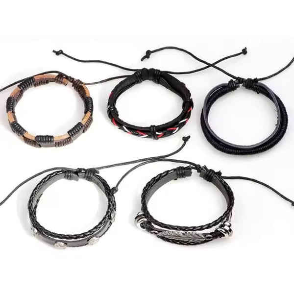 ROYAL SENTINEL -  5 Pcs Genuine Braided Leather Bracelet Set for Men & Boys (8 inch)