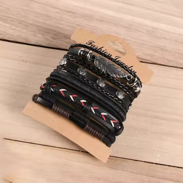 ROYAL SENTINEL -  5 Pcs Genuine Braided Leather Bracelet Set for Men & Boys (8 inch)