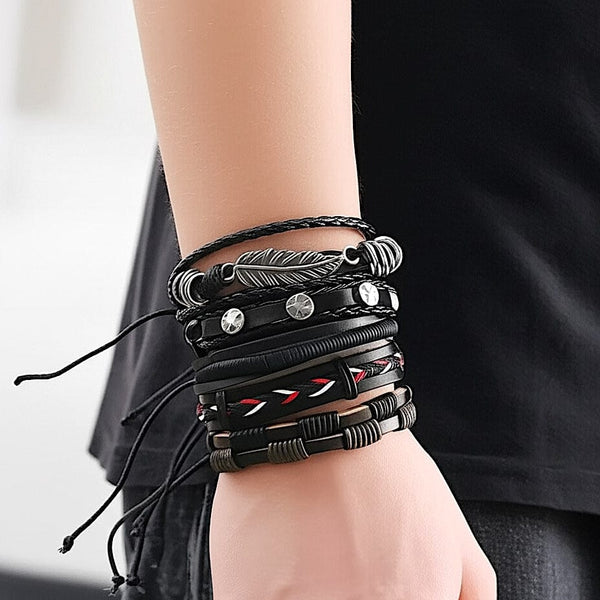 ROYAL SENTINEL -  5 Pcs Genuine Braided Leather Bracelet Set for Men & Boys (8 inch)