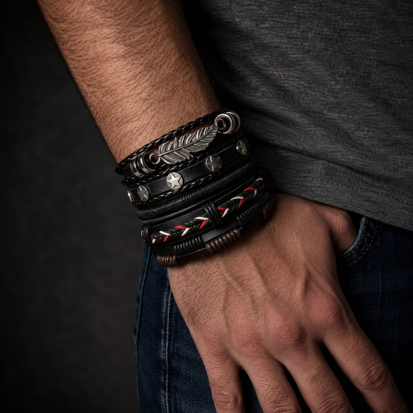 THE MEN THING Leather Bracelet ROYAL SENTINEL -  5 Pcs Genuine Braided Leather Bracelet Set for Men & Boys (8 inch)