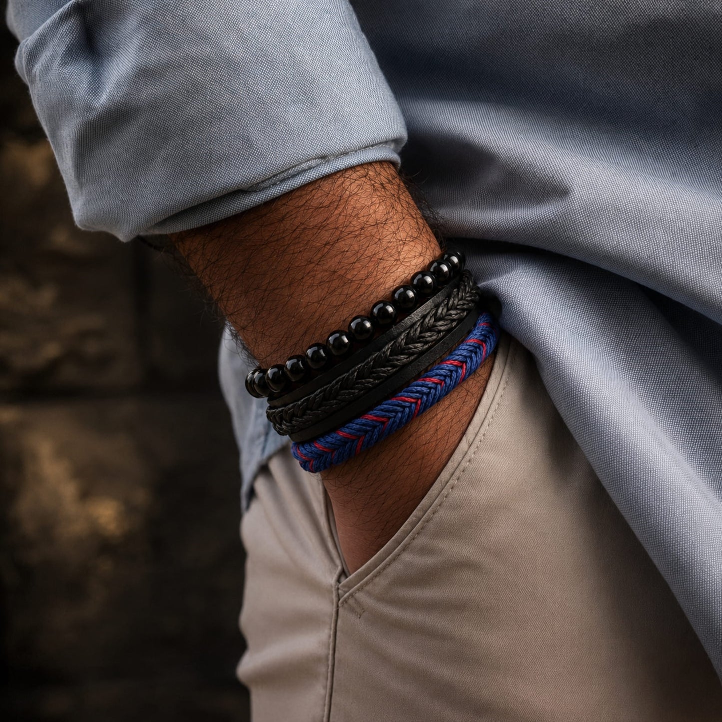 THE MEN THING Leather Bracelet ROYAL STRIDE - 3 pcs Genuine Braided Leather Bracelet Set for Men & Boys (8 inch)