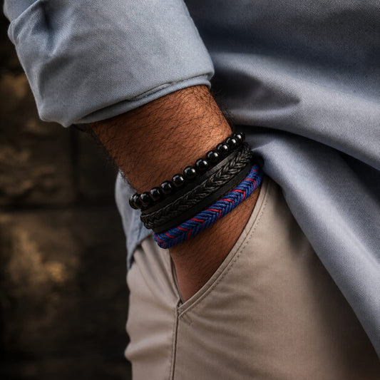 THE MEN THING Leather Bracelet ROYAL STRIDE - 3 pcs Genuine Braided Leather Bracelet Set for Men & Boys (8 inch)