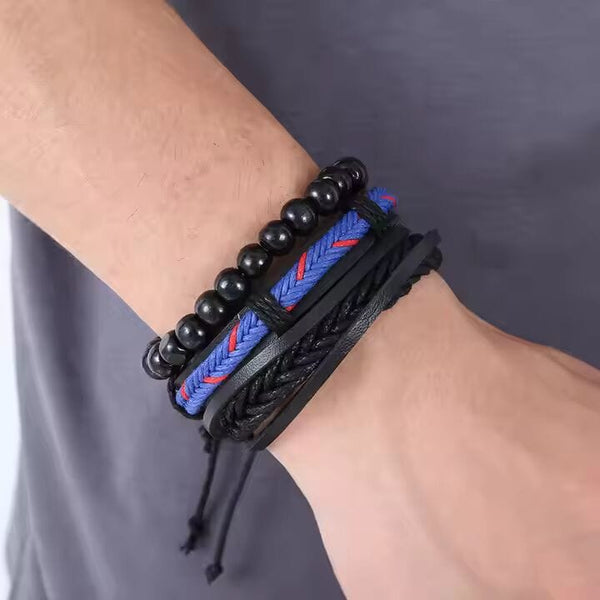 ROYAL STRIDE - 3 pcs Genuine Braided Leather Bracelet Set for Men & Boys (8 inch)