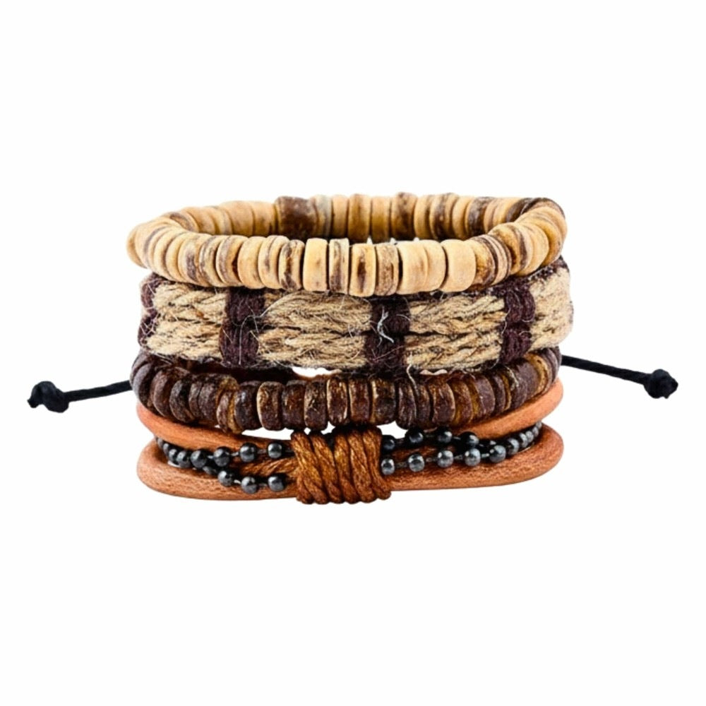 THE MEN THING Leather Bracelet RUSTBORNE - 4 Pcs Brown Genuine Leather Adjustable Bracelet Set for Men & Boys (8 inch)