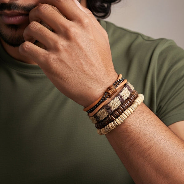 RUSTBORNE - 4 Pcs Brown Genuine Leather Adjustable Bracelet Set for Men & Boys (8 inch)