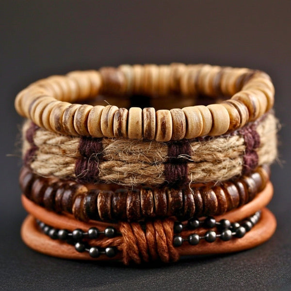 RUSTBORNE - 4 Pcs Brown Genuine Leather Adjustable Bracelet Set for Men & Boys (8 inch)