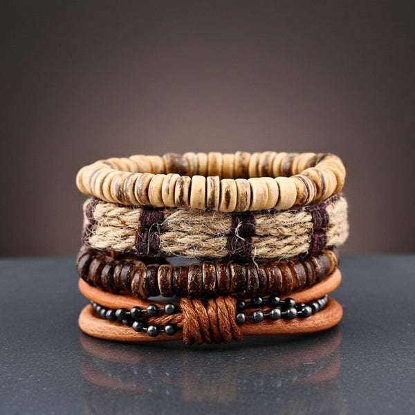 RUSTBORNE - 4 Pcs Brown Genuine Leather Adjustable Bracelet Set for Men & Boys (8 inch)