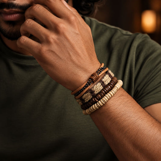 THE MEN THING Leather Bracelet RUSTBORNE - 4 Pcs Brown Genuine Leather Adjustable Bracelet Set for Men & Boys (8 inch)