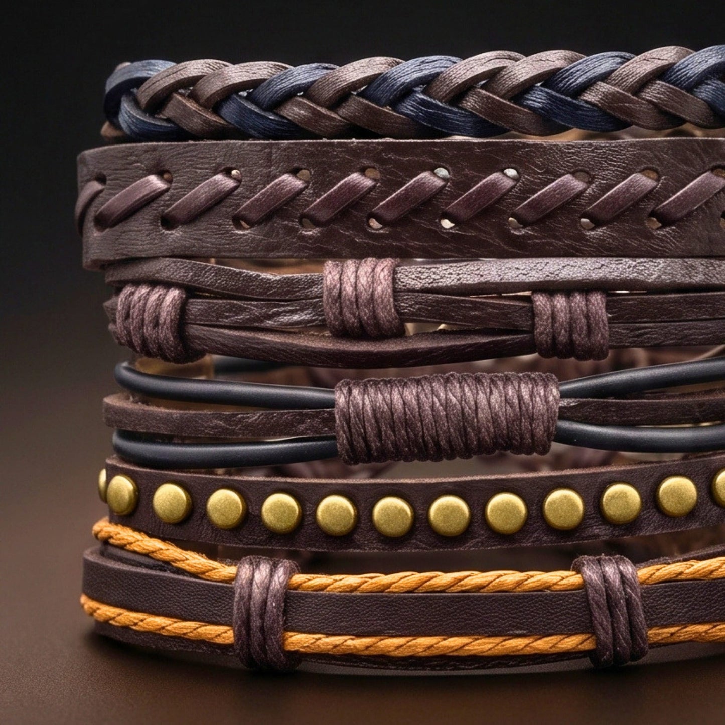 THE MEN THING Leather Bracelet RUSTCORE - 6 Pcs Genuine Leather Adjustable Bracelet for Men & Boys