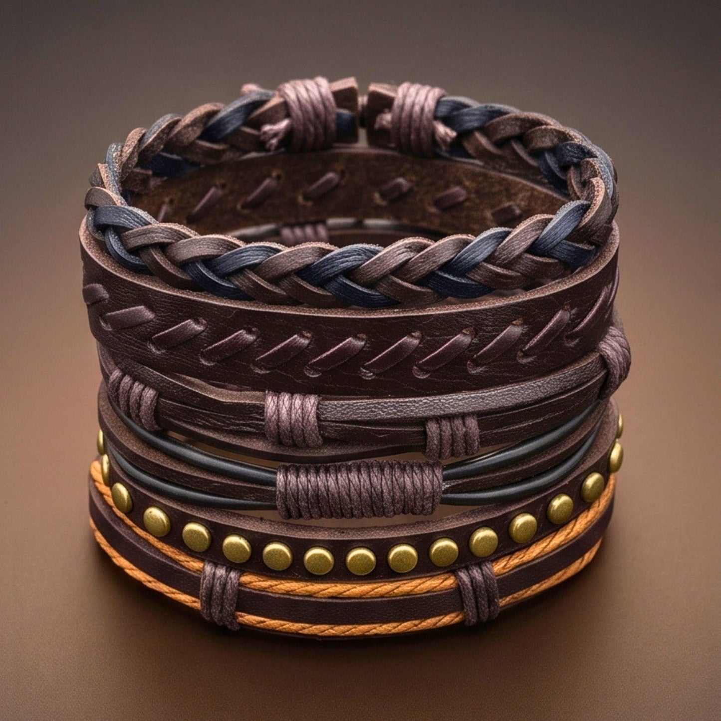 THE MEN THING Leather Bracelet RUSTCORE - 6 Pcs Genuine Leather Adjustable Bracelet for Men & Boys