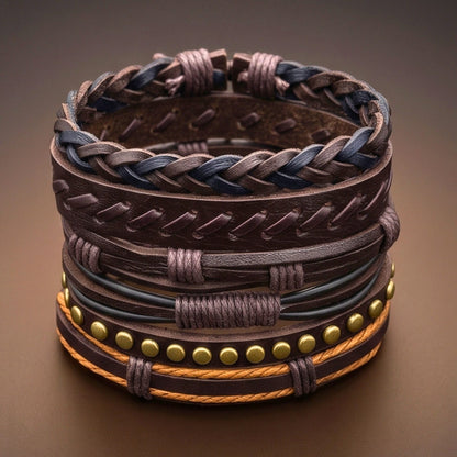 THE MEN THING Leather Bracelet RUSTCORE - 6 Pcs Genuine Leather Adjustable Bracelet for Men & Boys