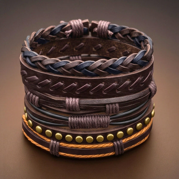 RUSTCORE - 6 Pcs Genuine Leather Adjustable Bracelet for Men & Boys