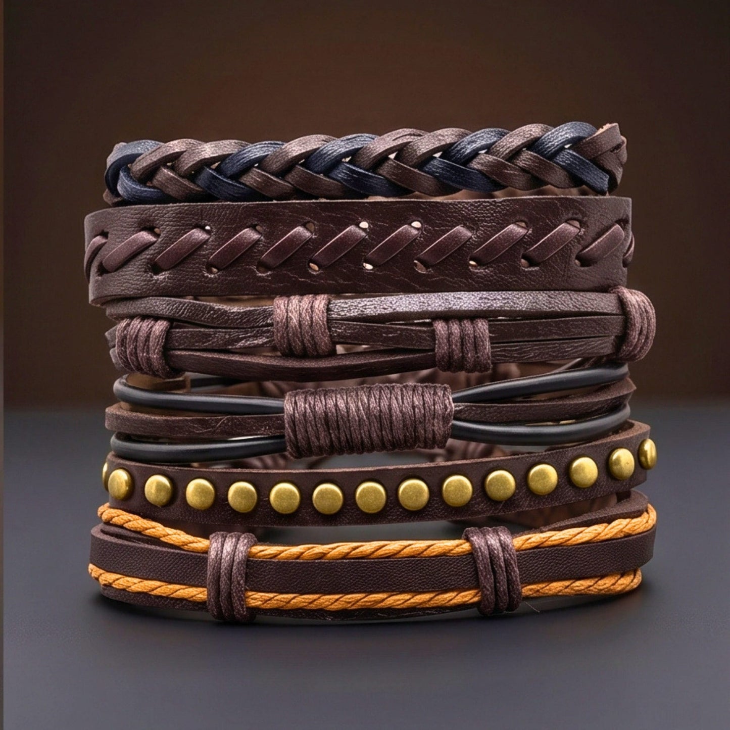 THE MEN THING Leather Bracelet RUSTCORE - 6 Pcs Genuine Leather Adjustable Bracelet for Men & Boys
