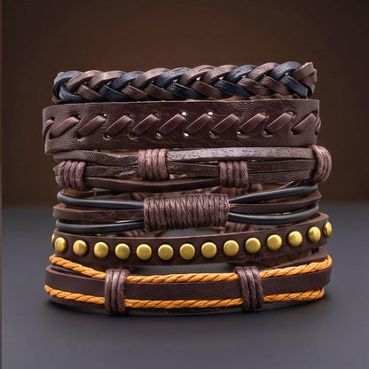 THE MEN THING Leather Bracelet RUSTCORE - 6 Pcs Genuine Leather Adjustable Bracelet for Men & Boys