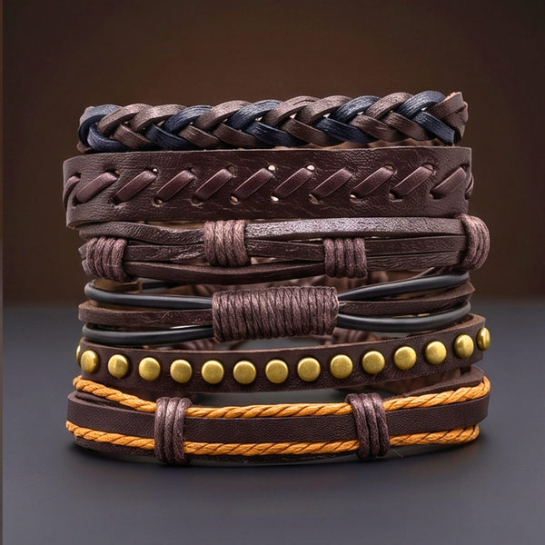 RUSTCORE - 6 Pcs Genuine Leather Adjustable Bracelet for Men & Boys