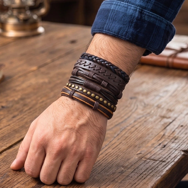 RUSTCORE - 6 Pcs Genuine Leather Adjustable Bracelet for Men & Boys