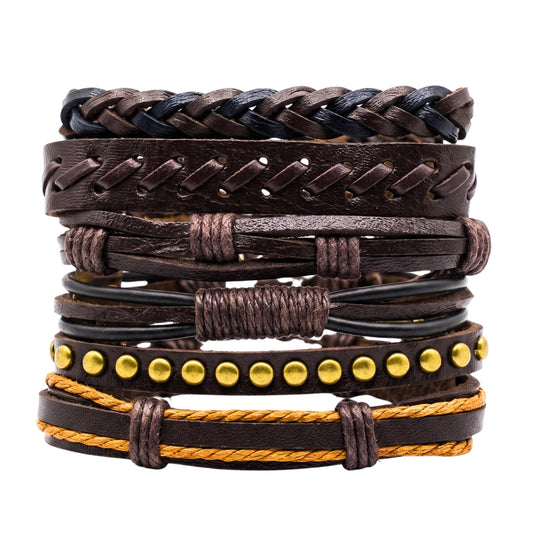 THE MEN THING Leather Bracelet RUSTCORE - 6 Pcs Genuine Leather Adjustable Bracelet for Men & Boys