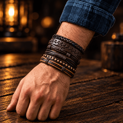 THE MEN THING Leather Bracelet RUSTCORE - 6 Pcs Genuine Leather Adjustable Bracelet for Men & Boys