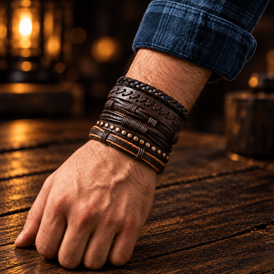 THE MEN THING Leather Bracelet RUSTCORE - 6 Pcs Genuine Leather Adjustable Bracelet for Men & Boys