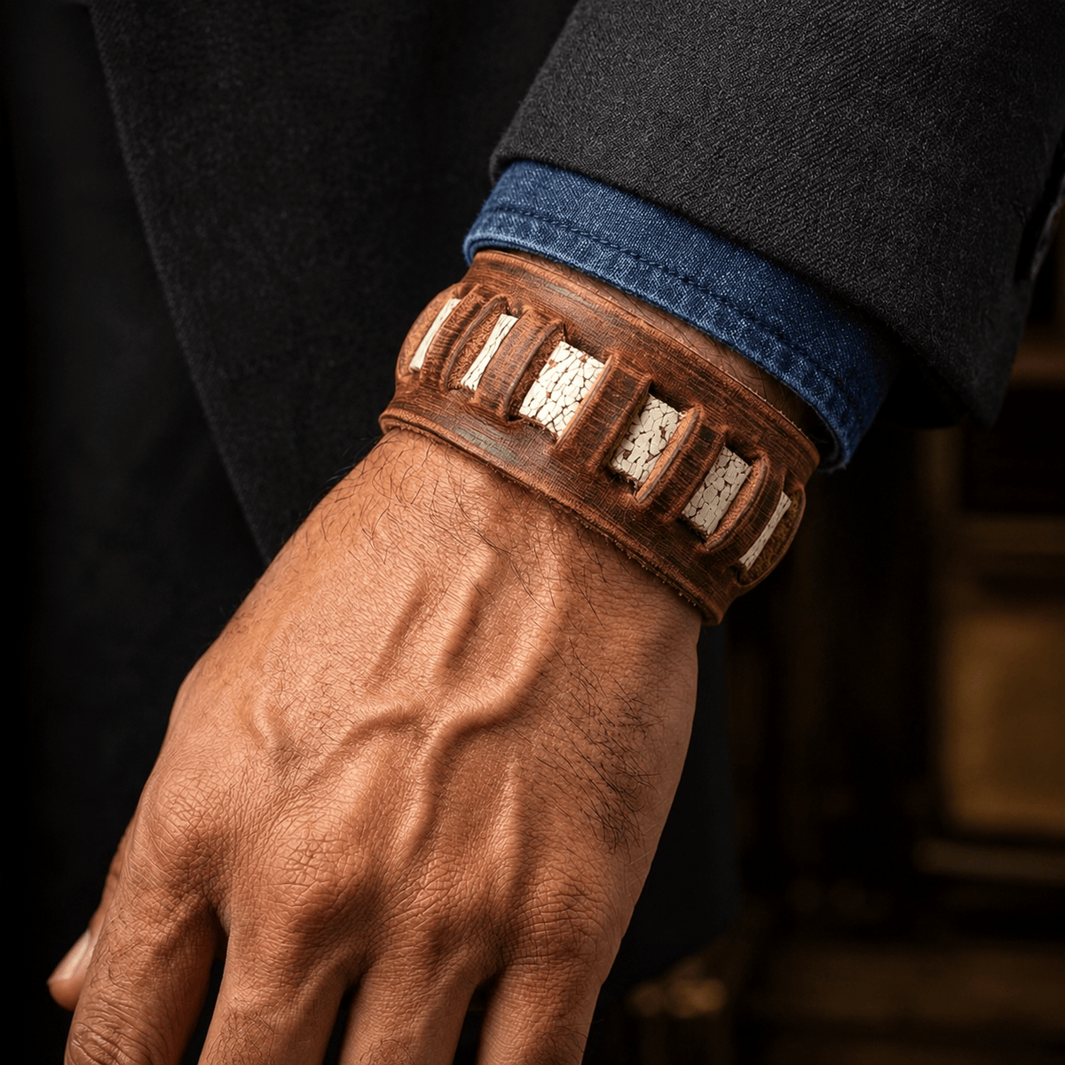 THE MEN THING Leather Bracelet RUSTIC GROVE - 32mm Brown Genuine Leather Adjustable Bracelet for Men & Boys (7.5-8 inch)