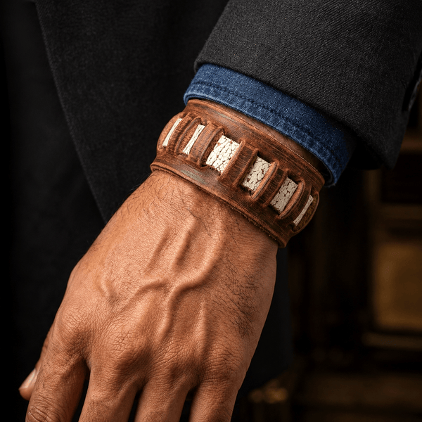 RUSTIC GROVE - 32mm Brown Genuine Leather Adjustable Bracelet for Men & Boys (7.5-8 inch)