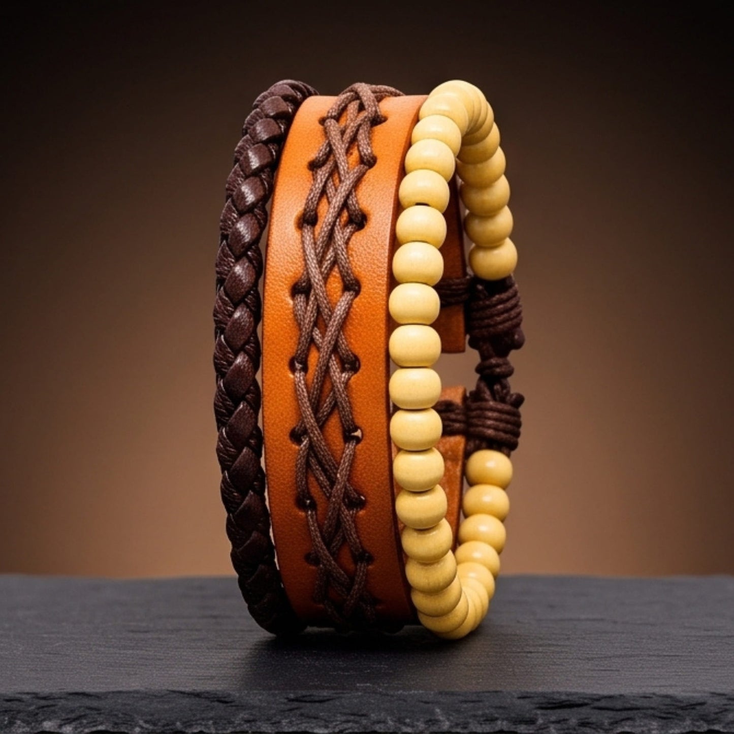 THE MEN THING Leather Bracelet RUSTIC LATTICE - 3Pcs Genuine Leather Adjustable Bracelets Set for Men & Boys