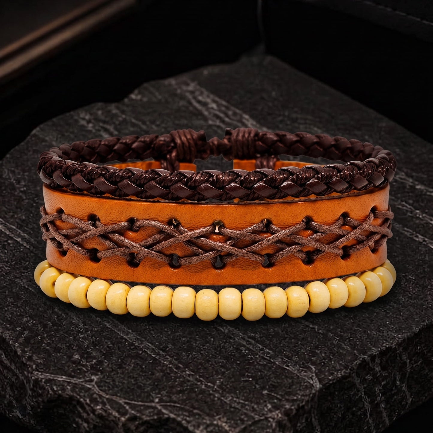 THE MEN THING Leather Bracelet RUSTIC LATTICE - 3Pcs Genuine Leather Adjustable Bracelets Set for Men & Boys