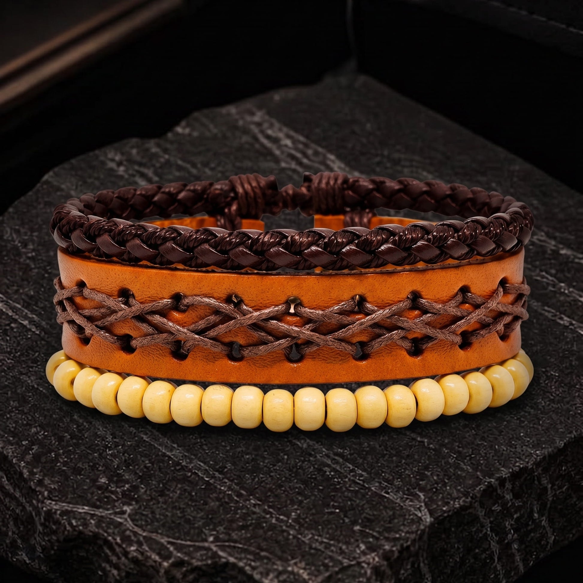THE MEN THING Leather Bracelet RUSTIC LATTICE - 3Pcs Genuine Leather Adjustable Bracelets Set for Men & Boys