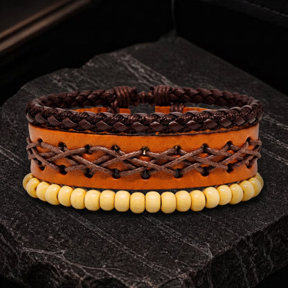 THE MEN THING Leather Bracelet RUSTIC LATTICE - 3Pcs Genuine Leather Adjustable Bracelets Set for Men & Boys