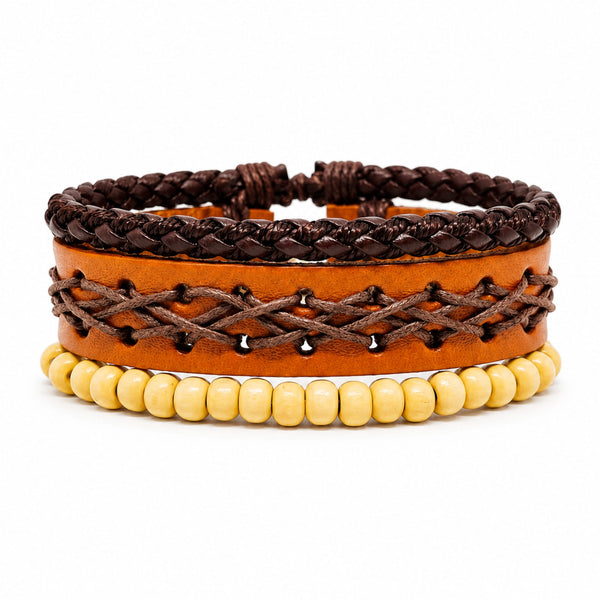 RUSTIC LATTICE - 3Pcs Genuine Leather Adjustable Bracelets Set for Men & Boys