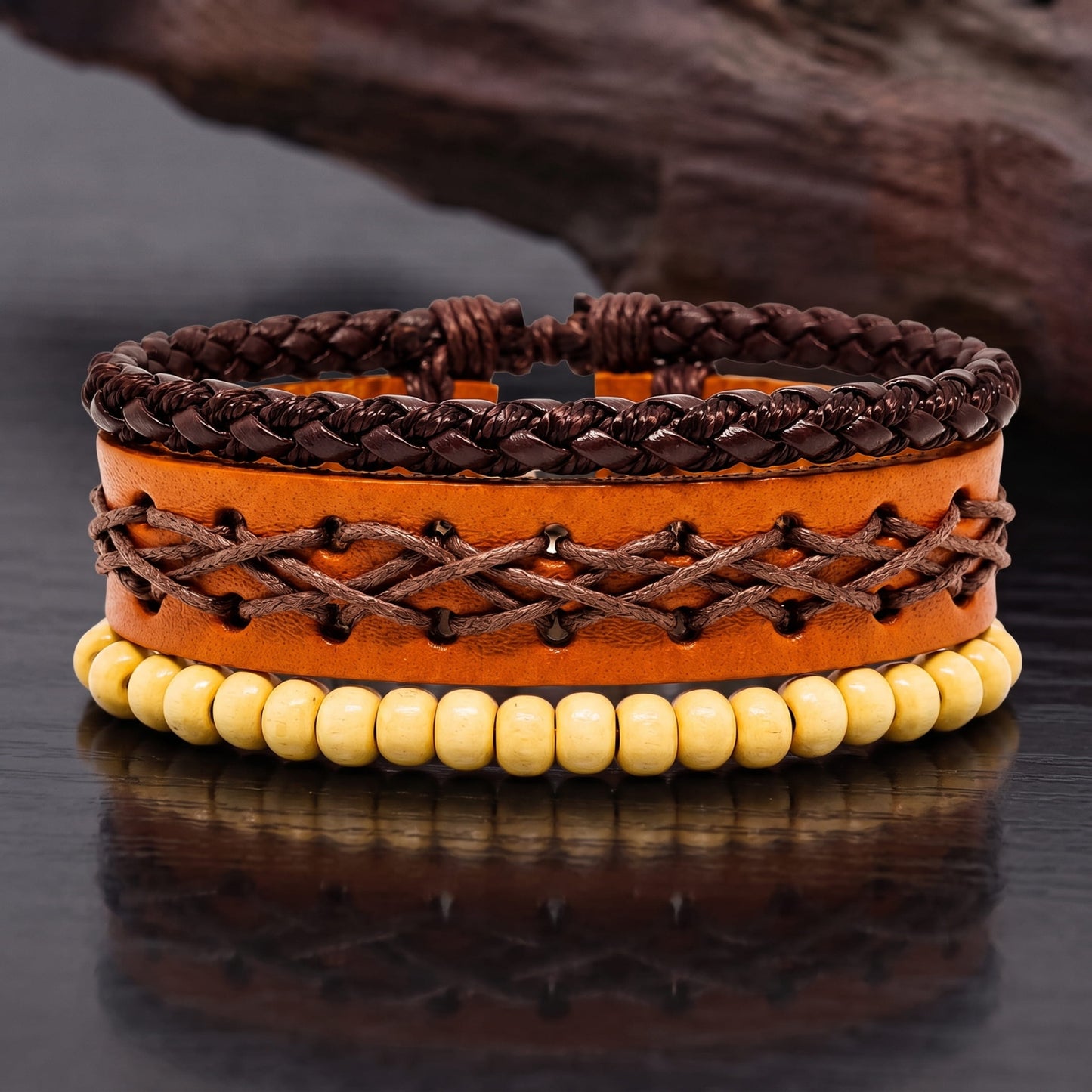 THE MEN THING Leather Bracelet RUSTIC LATTICE - 3Pcs Genuine Leather Adjustable Bracelets Set for Men & Boys
