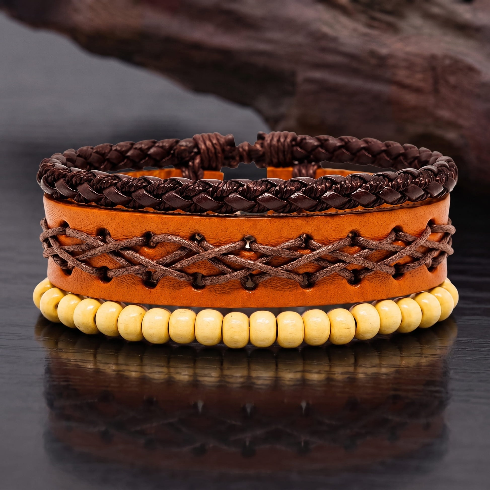 THE MEN THING Leather Bracelet RUSTIC LATTICE - 3Pcs Genuine Leather Adjustable Bracelets Set for Men & Boys