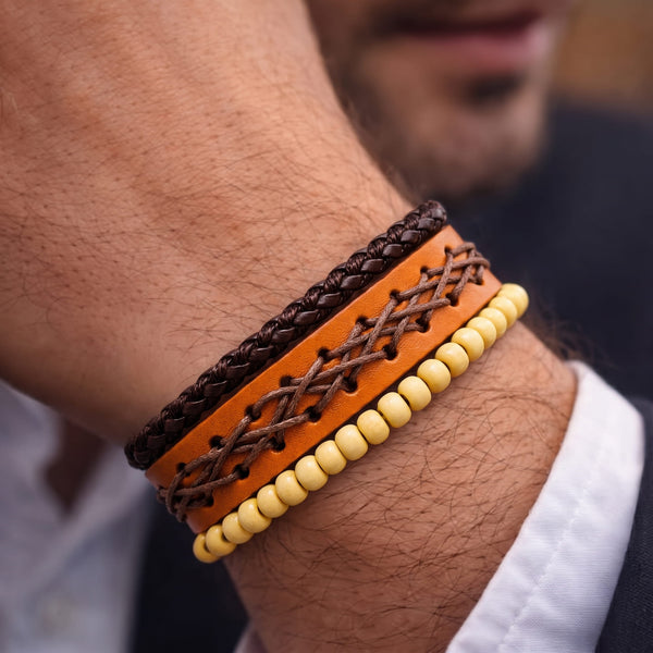 RUSTIC LATTICE - 3Pcs Genuine Leather Adjustable Bracelets Set for Men & Boys