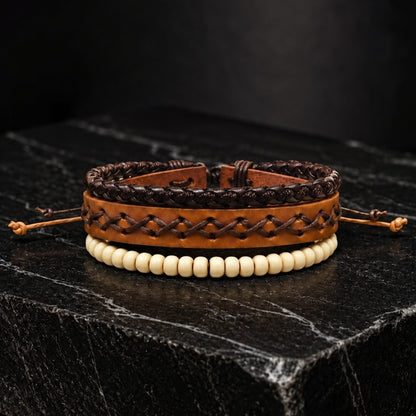 THE MEN THING Leather Bracelet RUSTIC LATTICE - 3Pcs Genuine Leather Adjustable Bracelets Set for Men & Boys