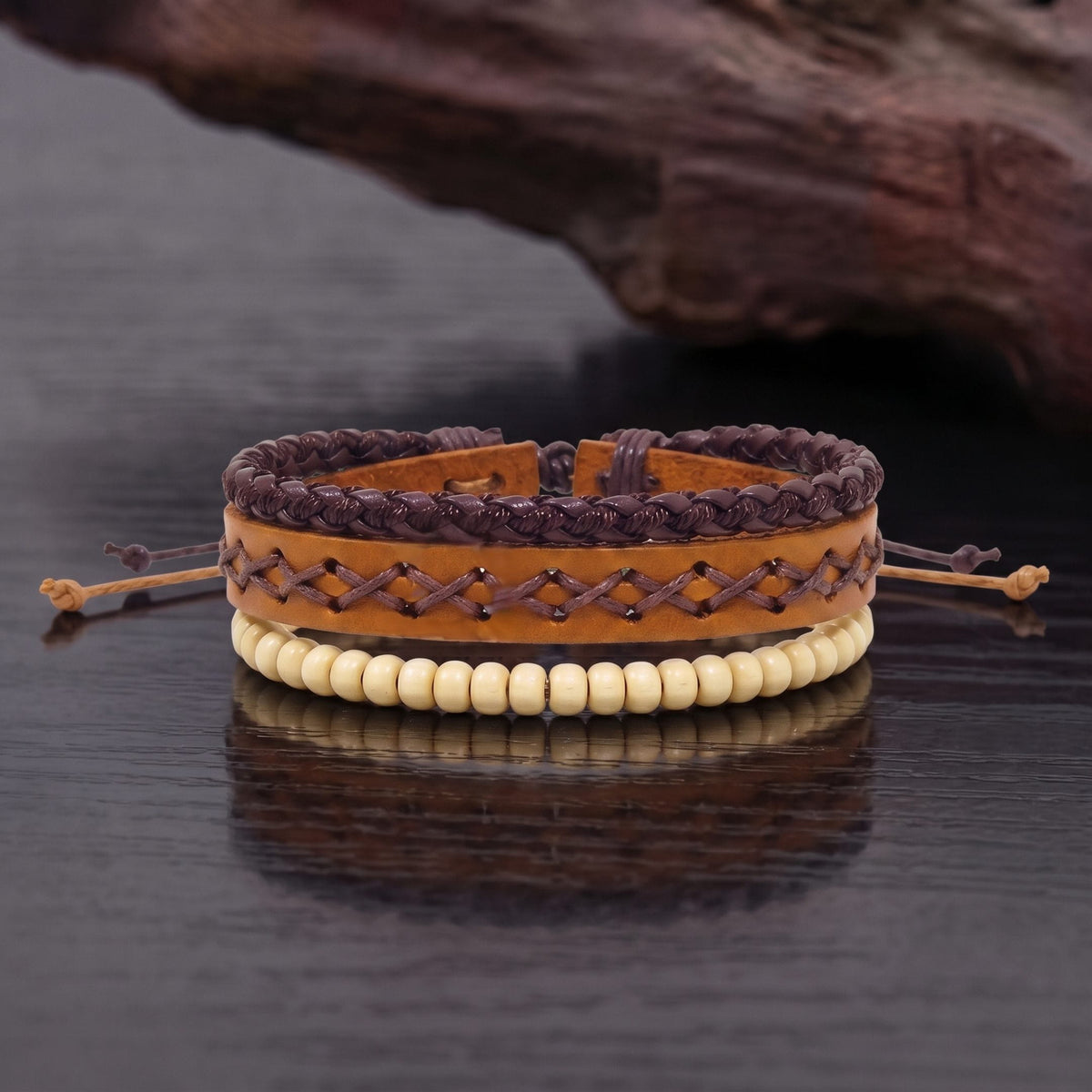 THE MEN THING Leather Bracelet RUSTIC LATTICE - 3Pcs Genuine Leather Adjustable Bracelets Set for Men & Boys