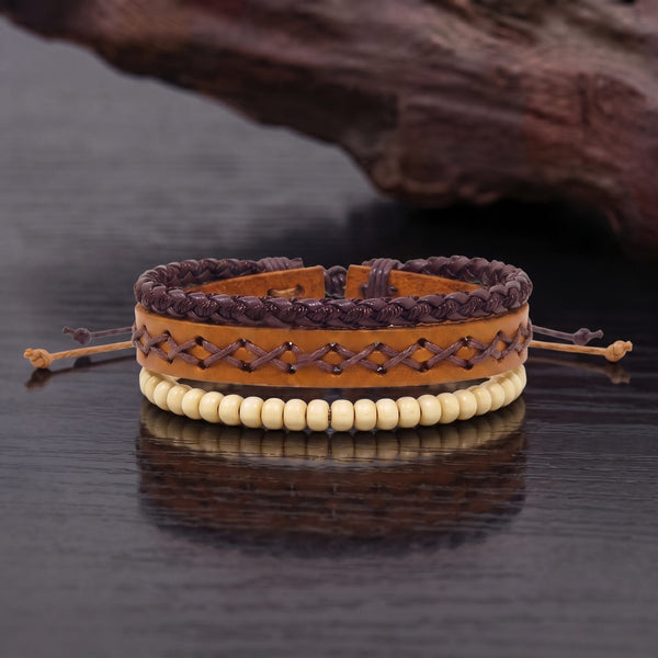 RUSTIC LATTICE - 3Pcs Genuine Leather Adjustable Bracelets Set for Men & Boys
