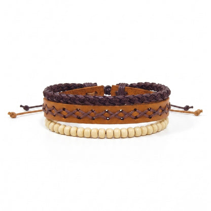 THE MEN THING Leather Bracelet RUSTIC LATTICE - 3Pcs Genuine Leather Adjustable Bracelets Set for Men & Boys