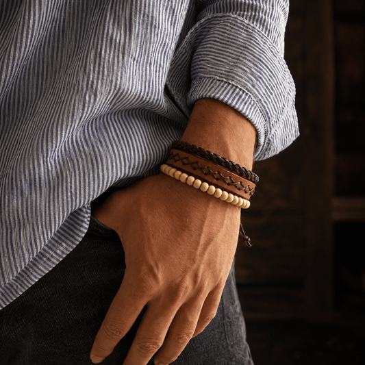 THE MEN THING Leather Bracelet RUSTIC LATTICE - 3Pcs Genuine Leather Adjustable Bracelets Set for Men & Boys