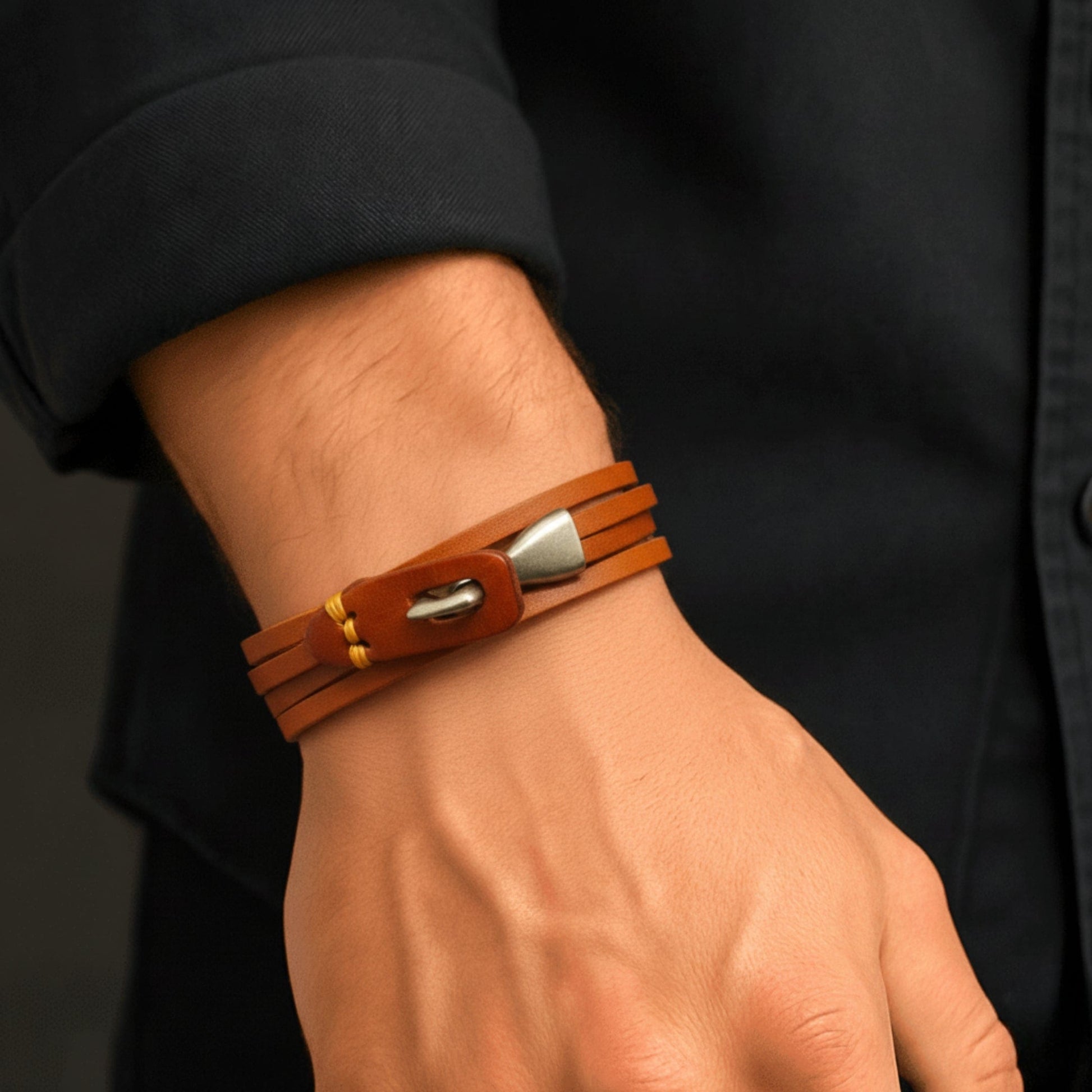 THE MEN THING Leather Bracelet RUSTIC LOOP - 9mm Brown Genuine Leather Adjustable Bracelet for Men & Boys (24 inch)