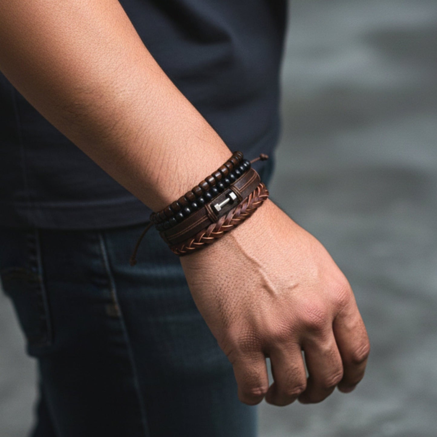 THE MEN THING Leather Bracelet RUSTIC WARRIOR - 4 Pcs Genuine Leather Adjustable Bracelet Set for Men & Boys (8 inch)