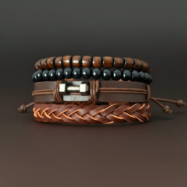 RUSTIC WARRIOR - 4 Pcs Genuine Leather Adjustable Bracelet Set for Men & Boys (8 inch)