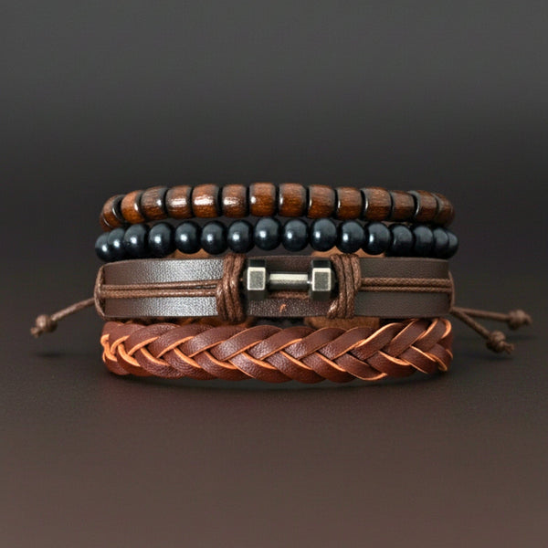 RUSTIC WARRIOR - 4 Pcs Genuine Leather Adjustable Bracelet Set for Men & Boys (8 inch)