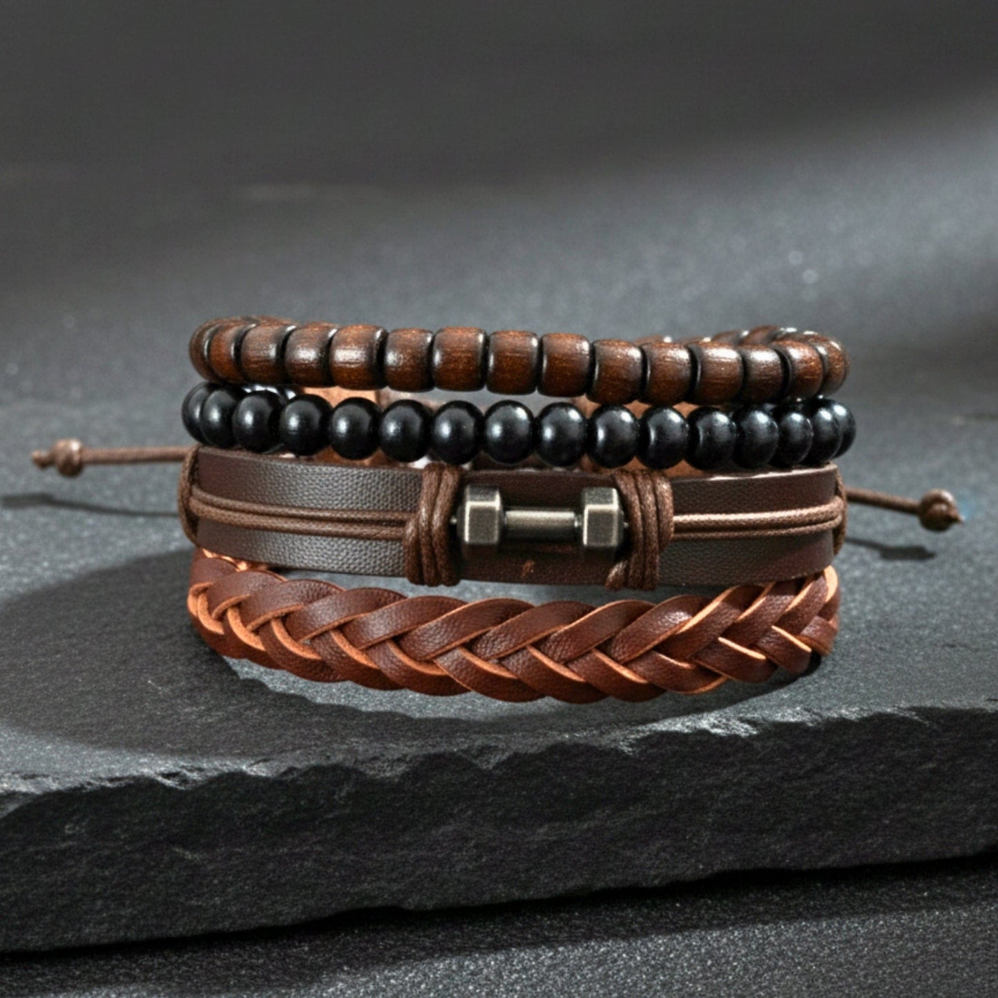 THE MEN THING Leather Bracelet RUSTIC WARRIOR - 4 Pcs Genuine Leather Adjustable Bracelet Set for Men & Boys (8 inch)