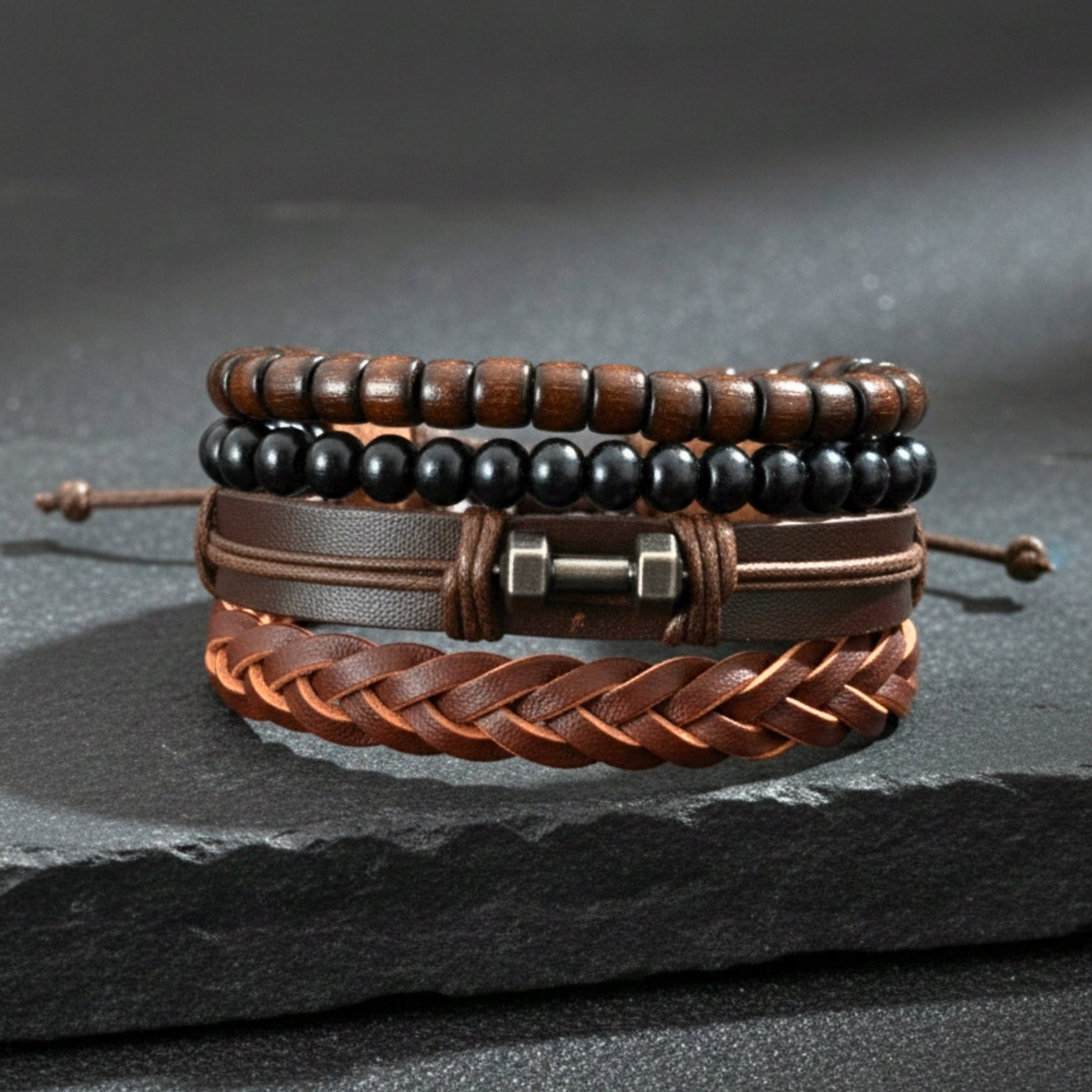 THE MEN THING Leather Bracelet RUSTIC WARRIOR - 4 Pcs Genuine Leather Adjustable Bracelet Set for Men & Boys (8 inch)